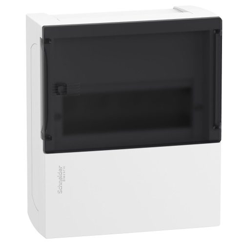 SCHNEIDER MIP12108S - RESI9 MP Kiselosztó, füstszínű átlátszó ajtó, falon kívüli, 1x8 modul, PEN sín, komplett, fehér