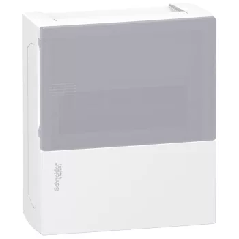   SCHNEIDER MIP12108T - RESI9 MP Kiselosztó, tejüveg hatású átlátszó ajtó, falon kívüli, 1x8 modul, PEN sín, fehér