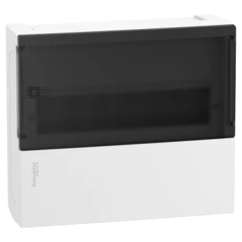  SCHNEIDER MIP12112S - RESI9 MP Kiselosztó, füstszínű átlátszó ajtó, falon kívüli, 1x12 modul, PEN sín, fehér