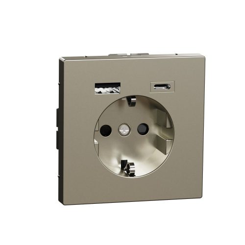 SCHNEIDER MTN2367-6050 - MERTEN 2P+F aljzat, BZS, kettős USB töltővel, rugós bekötés, 16A / 3A, A+C, D-Life, nikkel