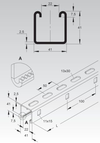NIEDAX-2996Z/500 FL - C-sín C-Profil SW 22 mm, 41x41x500 mm