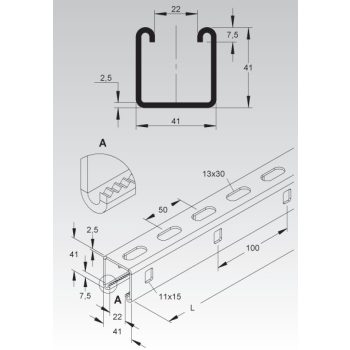 NIEDAX-2996Z/800 FL - C-sín C-Profil SW 22 mm, 41x41x800 mm
