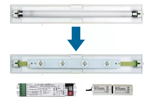 SCHRACK - Átalakító készlet 4x1W ERT LED csík+LPU 1h-8h+Akku 9,6V/2Ah Autonomy time adjustable: 1h:520lm, 3h: 520lm, 8h:200lm, to change from 8W fluorescent tubes to LED - NLERT04QSC
