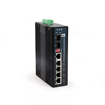   SCHRACK - DIN-sínes Switch 4xRJ45 (PoE+) + 1xRJ45/SFP + 1xSFP, 126W 4 x 10/100/1000Mbps PoE+ (802.3at) RJ45 port, 1 x Gigabit Combo (RJ45/SFP), 1 x 100/1000Base-X SFP Slot, 1 x sorkapocs, bemeneti fes
