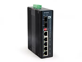 SCHRACK - DIN-sínes Switch 4xRJ45 (PoE+) + 1xRJ45/SFP + 1xSFP, 126W 4 x 10/100/1000Mbps PoE+ (802.3at) RJ45 port, 1 x Gigabit Combo (RJ45/SFP), 1 x 100/1000Base-X SFP Slot, 1 x sorkapocs, bemeneti fes