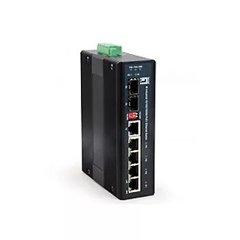   SCHRACK - DIN-sínes Switch 4xRJ45 (PoE+) + 1RJ45 + 1xSFP, 126W 4 x 10/100/1000Base-T PoE+ (802.3at) Port, 1 x RJ45Gigabit Combo + 1 Gigabit SFP(100/1G) slot, 1 x sorkapocs, bemeneti feszültség 12VDC-5