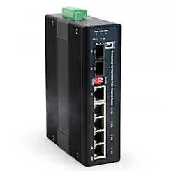 SCHRACK - DIN-sínes Switch 4xRJ45 (PoE+) + 1RJ45 + 1xSFP, 126W 4 x 10/100/1000Base-T PoE+ (802.3at) Port, 1 x RJ45Gigabit Combo + 1 Gigabit SFP(100/1G) slot, 1 x sorkapocs, bemeneti feszültség 12VDC-5