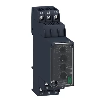   SCHNEIDER RM22TR33 - Zelio Control háromfázisú fázis- és feszültségfigyelő relé, be- és kikapcsolás késleltetővel, 2CO, 8A, 380…480VAC