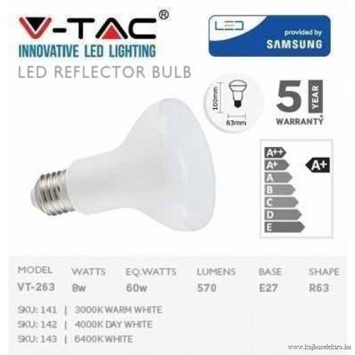 V-TAC-SKU143 - 8W LED izzó Samsung chip E27 R63 6400K 5 év garancia - PRO143