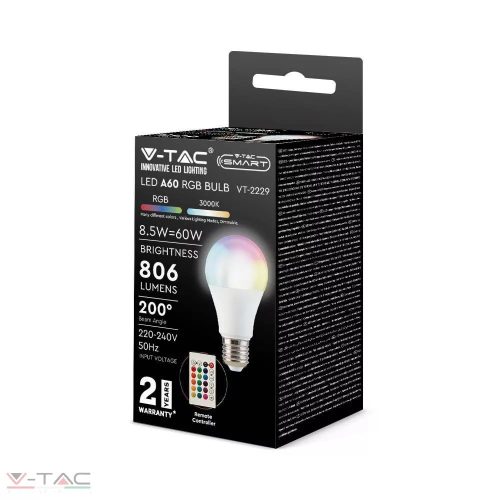 8,5W LED izzó E27 A60 RGB+4000K távirányítóval - 2928 V-TAC