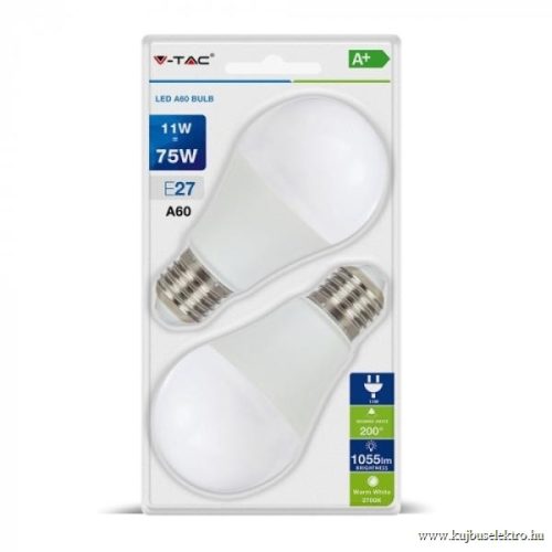 V-TAC-SKU7297 - 11W LED izzó E27 A60 2700K 2db/csomag - 7297