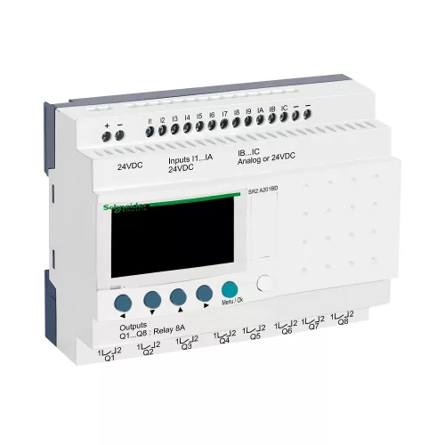 SCHNEIDER SR2A201BD - Zelio Logic programozható relé, kompakt, LCD kijelző, 10 DI + 2 DI/AI, 8 DO relés, 24 VDC