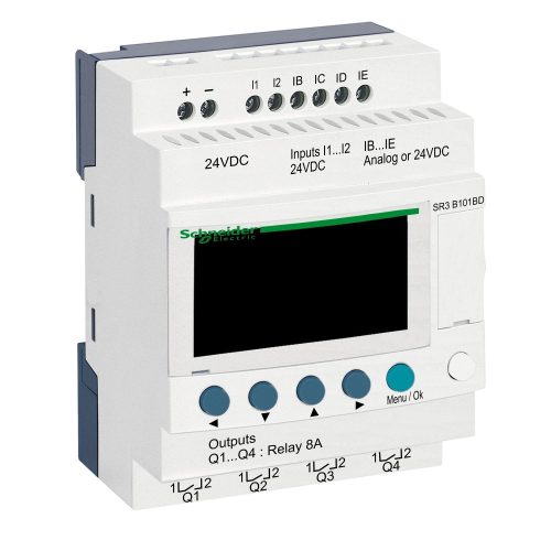 SCHNEIDER SR3B101BD - Zelio Logic programozható relé, bővíthető, LCD kijelző, 2 DI + 2 DI/AI, 4 DO relés, belső órával, 24 VDC