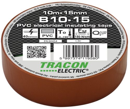 TRACON B10-15 - Szigetelőszalag, barna 10m×15mm, PVC, 0-90°C, 40kV/mm