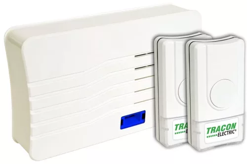 TRACON BELLW2-2V1 - Vezeték nélküli csengő, téglalap alakú, 2 adó, 1 vevő 3×AA, 1×CR2032, IP44, 100m, 10 music