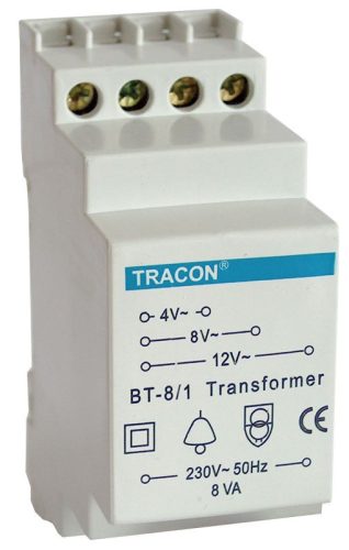 TRACON BT-8/1 - Biztonsági (csengő) transzformátor 230V / 4-8-12V AC, max.8 VA