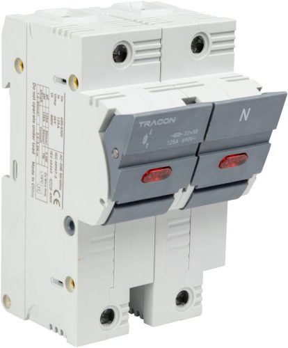 TRACON CFBL1P+N100 - Szakaszolókapcsoló-biztosító hengeres bizt.hoz, maszkolható 100A, 22x58mm, Un=400V/690V, 1P+N right, LED