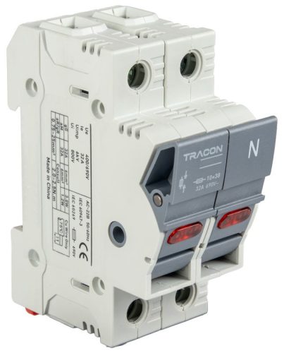 TRACON CFBL1P+N32 - Szakaszolókapcsoló-biztosító hengeres bizt.hoz, maszkolható 32A, 10x38mm, Un=400V/690V, 1P+N right, LED