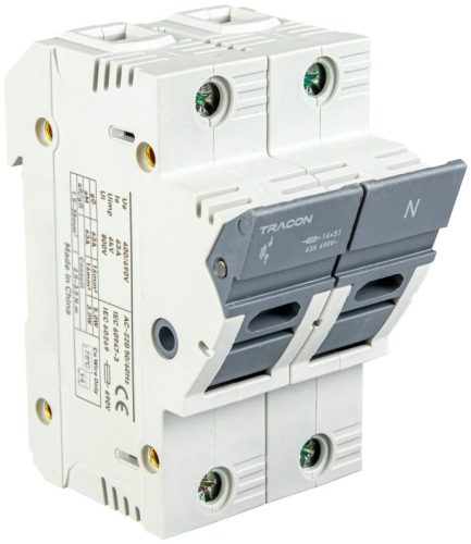TRACON CFBL1P+N50 - Szakaszolókapcsoló-biztosító hengeres bizt.hoz, maszkolható 50A, 14x51mm, Un=400V/690V, 1P+N right, LED