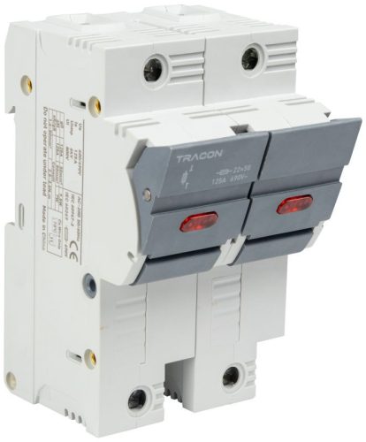 TRACON CFBL2P100 - Szakaszolókapcsoló-biztosító hengeres bizt.hoz, maszkolható 100A, 22x58mm, Un=400V/690V, 2P, LED
