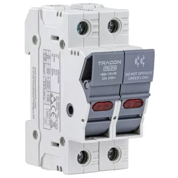   TRACON CFBL2P32 - Szakaszolókapcsoló-biztosító hengeres bizt.hoz, maszkolható 32A, 10x38mm, Un=400V/690V, AC22B, 2P, LED