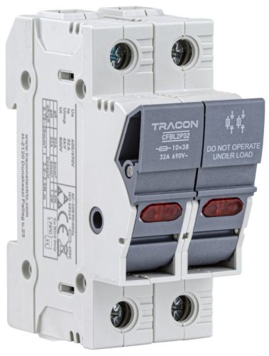 TRACON CFBL2P32 - Szakaszolókapcsoló-biztosító hengeres bizt.hoz, maszkolható 32A, 10x38mm, Un=400V/690V, AC22B, 2P, LED