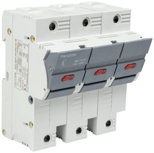 TRACON CFBL3P100 - Szakaszolókapcsoló-biztosító hengeres bizt.hoz, maszkolható 100A, 22x58mm, Un=400V/690V, 3P, LED