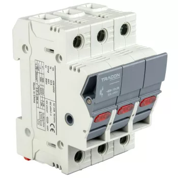   TRACON CFBL3P32 - Szakaszolókapcsoló-biztosító hengeres bizt.hoz, maszkolható 32A, 10x38mm, Un=400V/690V, AC22B, 3P, LED