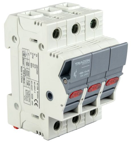 TRACON CFBL3P32 - Szakaszolókapcsoló-biztosító hengeres bizt.hoz, maszkolható 32A, 10x38mm, Un=400V/690V, AC22B, 3P, LED