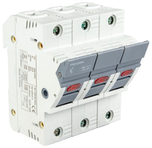 TRACON CFBL3P50 - Szakaszolókapcsoló-biztosító hengeres bizt.hoz, maszkolható 50A, 14x51mm, Un=400V/690V, AC22B, 3P, LED