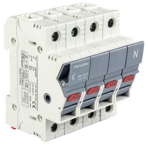 TRACON CFBL3P+N32 - Szakaszolókapcsoló-biztosító hengeres bizt.hoz, maszkolható 32A, 10x38mm, Un=400V/690V, AC22B, 3P+N right, LED