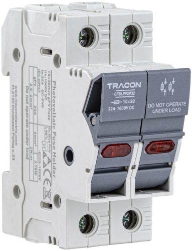 TRACON CFBLPV2P32 - Szakaszolókapcsoló-biztosító hengeres bizt.hoz, PV 32A, 10×38, Un=1000VDC, Ui=6kV, 20kA, DC-PV0, IP20, 2P, LED