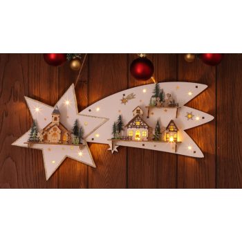   TRACON CHRBSTWW13WW - LED karácsonyi csillag tájképpel, fehér, fa, elemes (X22092) Timer 6+18h,13LED, 3000K, 2xAA