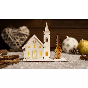   TRACON CHRHC3WW - LED karácsonyi templom, fa, elemes (X24002) Timer 6+18h, 3LED, 3000K, 2xAAA