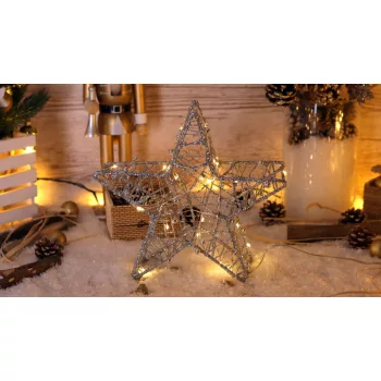   TRACON CHRSTG20SWW - LED karácsonyi csillag, ezüst,fém, elemes (X22035) Timer 6+18h, 20LED, 3000K, 2xAA