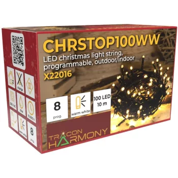   TRACON CHRSTOP100WW - Karácsonyi programozható fényfüzér, kültéri/beltéri (X22016) 230VAC, 2+10M, 100LED, 3,6W, 2600-2700K, IP44