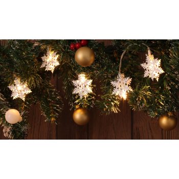   TRACON CHRSTSFWM10WW - LED karácsonyi lánc, hópehely,fehér, fém, elemes (X22056) Timer 6+18h,10LED, 3000K, 2xAA