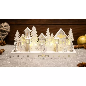  TRACON CHRVILW10WW - LED karácsonyi falu, fa, fehér, elemes (X24005) Timer 6+18h, 10LED, 3000K, 2xAA