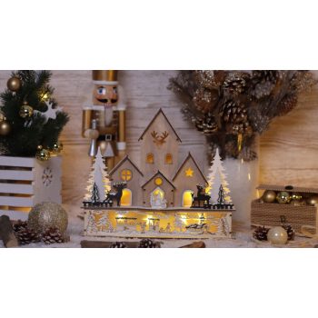   TRACON CHRWH9WW - LED karácsonyi házikó tájképpel, fa, elemes (X22081) Timer 6+18h,9LED, 3000K, 2xAA