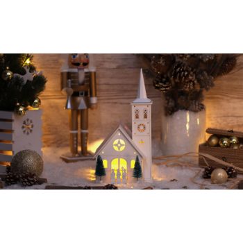   TRACON CHRWHCHW4WW - LED karácsonyi templom, fa, fehér, elemes (X22077) Timer 6+18h,4LED, 3000K, 3xAA