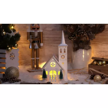   TRACON CHRWHCHW4WW - LED karácsonyi templom, fa, fehér, elemes (X22077) Timer 6+18h,4LED, 3000K, 3xAA