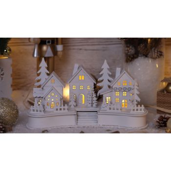   TRACON CHRWHVILW6WW - LED karácsonyi falu, fa, fehér, elemes (X22082) Timer 6+18h,6LED, 3000K, 2xAA