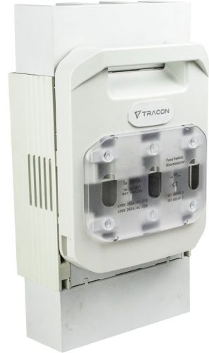 TRACON DSH1-3-60T - Vízsz. szakaszolókapcs-bizt, gyűjtősín,föls kábelcsatl,sarus AC 400V, 250A, 100kA; AC690V, 200A, 50kA; 3P, NH1, 60mm, M10