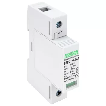   TRACON ESPD1+2-12.5-1P - T1+T2 AC típusú túlfeszültséglevezető, cserélhető betéttel Uc:275V; Iimp:12,5kA; In:20kA; Imax:50kA; Up:1,3kV; 1P
