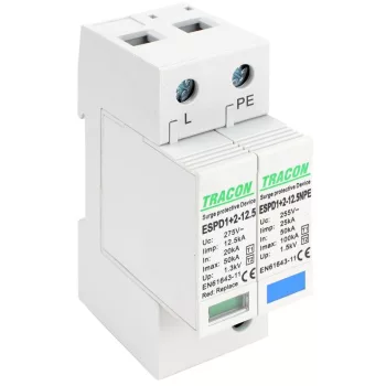  TRACON ESPD1+2-12.5-1+1P - T1+T2 AC típusú túlfeszültséglevezető, cserélhető betéttel Uc:275V; Iimp:12,5kA; In:20/40kA; Imax:50kA; Up:1,3kV; 1+1P