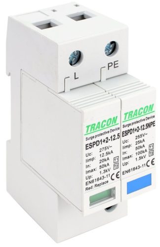 TRACON ESPD1+2-12.5-1+1P - T1+T2 AC típusú túlfeszültséglevezető, cserélhető betéttel Uc:275V; Iimp:12,5kA; In:20/40kA; Imax:50kA; Up:1,3kV; 1+1P