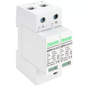  TRACON ESPD1+2-12.5-2P - T1+T2 AC típusú túlfeszültséglevezető, cserélhető betéttel Uc:275V; Iimp:12,5kA; In:20kA; Imax:50kA; Up:1,3kV; 2P