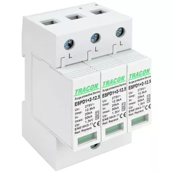   TRACON ESPD1+2-12.5-3P - T1+T2 AC típusú túlfeszültséglevezető, cserélhető betéttel Uc:275V; Iimp:12,5kA; In:20kA; Imax:50kA; Up:1,3kV; 3P