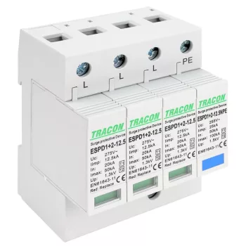   TRACON ESPD1+2-12.5-3+1P - T1+T2 AC típusú túlfeszültséglevezető, cserélhető betéttel Uc:275V; Iimp:12,5kA; In:20/40kA; Imax:50kA; Up:1,3kV; 3+1P