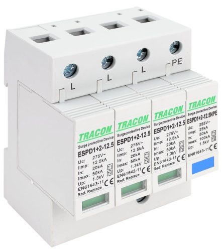 TRACON ESPD1+2-12.5-3+1P - T1+T2 AC típusú túlfeszültséglevezető, cserélhető betéttel Uc:275V; Iimp:12,5kA; In:20/40kA; Imax:50kA; Up:1,3kV; 3+1P